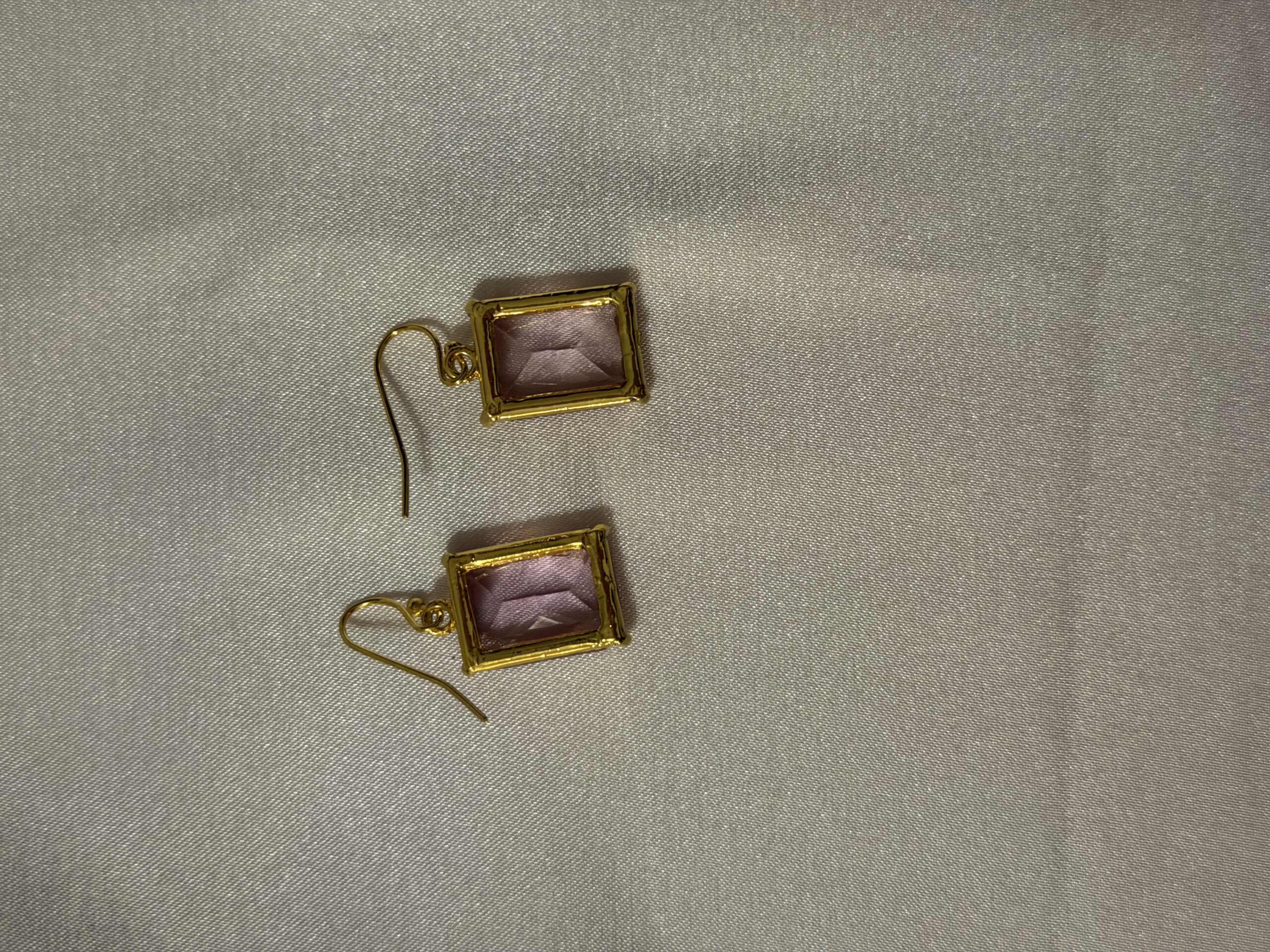 IMG_1951 Gold Pink Rectangle Cubic Zirconia Dangle Earrings (PTE030PG) - Image 1